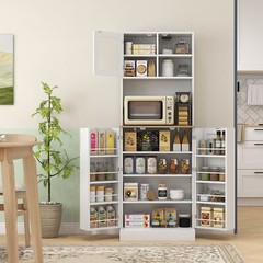 HOMCOM 66.5″ Tall Kitchen Pantry Storage Cabinet with Microwave Stand White
