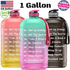 1 Gallon/128 oz Water Bottle w/ Straw Gym Training Fitness Jug Motivational Time