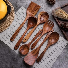 Wooden Kitchen Utensil Set 7 Pieces Natural Teak Non-Stick Spatula Spoons