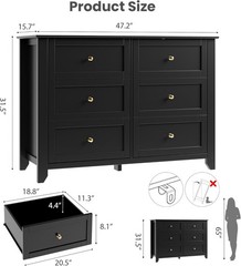 Black 6 Drawer Dresser for Bedroom Large Dresser Modern Wooden Chests of Drawers