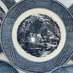 5 Currier and Ives Old Grist Mill Blue Dinner Plate 10″ Royal China USA. 11