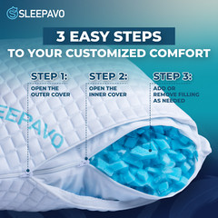 Sleepavo Adjustable Shredded Memory Foam Pillows, Firm & Cooling (Queen, 2 Pack)
