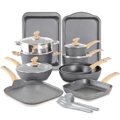 17 Pieces Cookware Set Nonstick Granite Coated Pots and Pans Set Bakeware Set