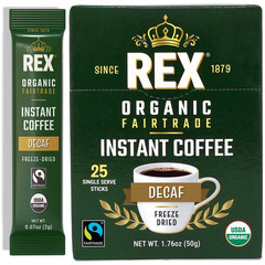 Rex Coffee Organic Fairtrade Natural Decaf Freeze-Dried Instant Sticks 25 Count
