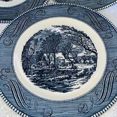 5 Currier and Ives Old Grist Mill Blue Dinner Plate 10″ Royal China USA. 11