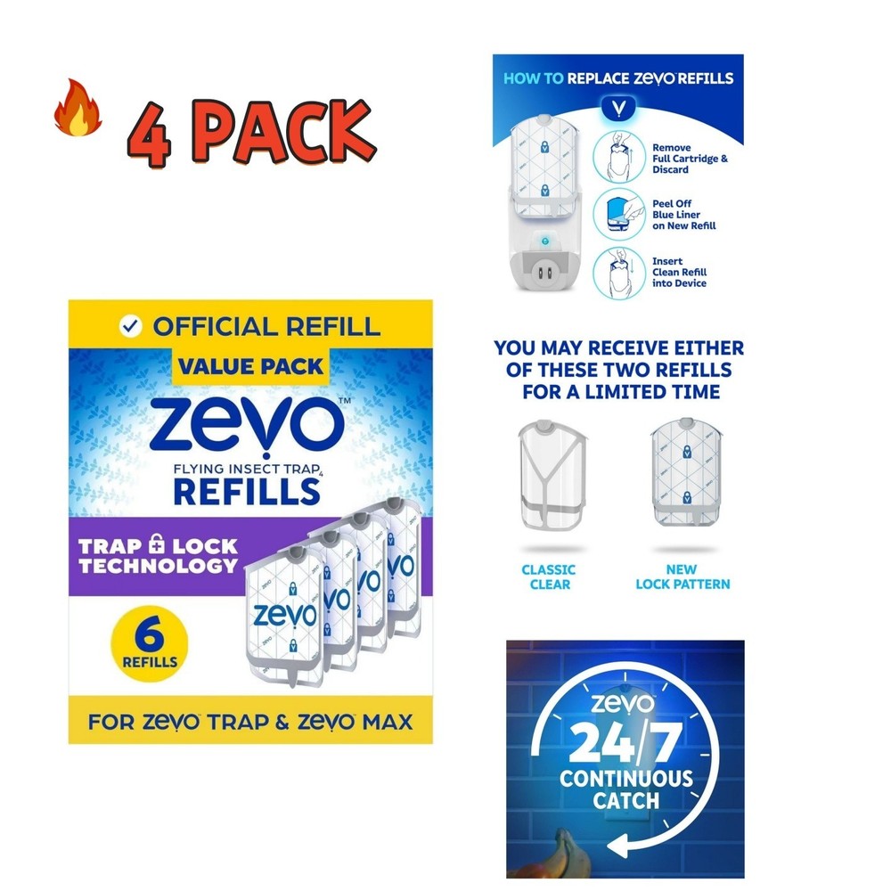 4pack- Refill Cartridges Zevo Flying Insect Trap Refill Cartridges -Easy to Use