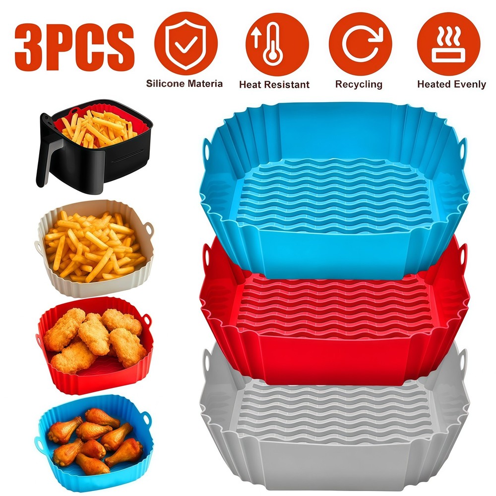 3x Air Fryer Silicone Pot Rectangle Baking Tray Basket Liners Insert Dish New