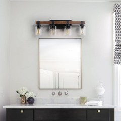 27″ Rustic 4-Light Vanity Light with Glass Shades and Wood Accent