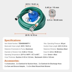 Suction Hose Kit for Water Pump 2 in x 20 ft Green/65 ft Blue Hoses