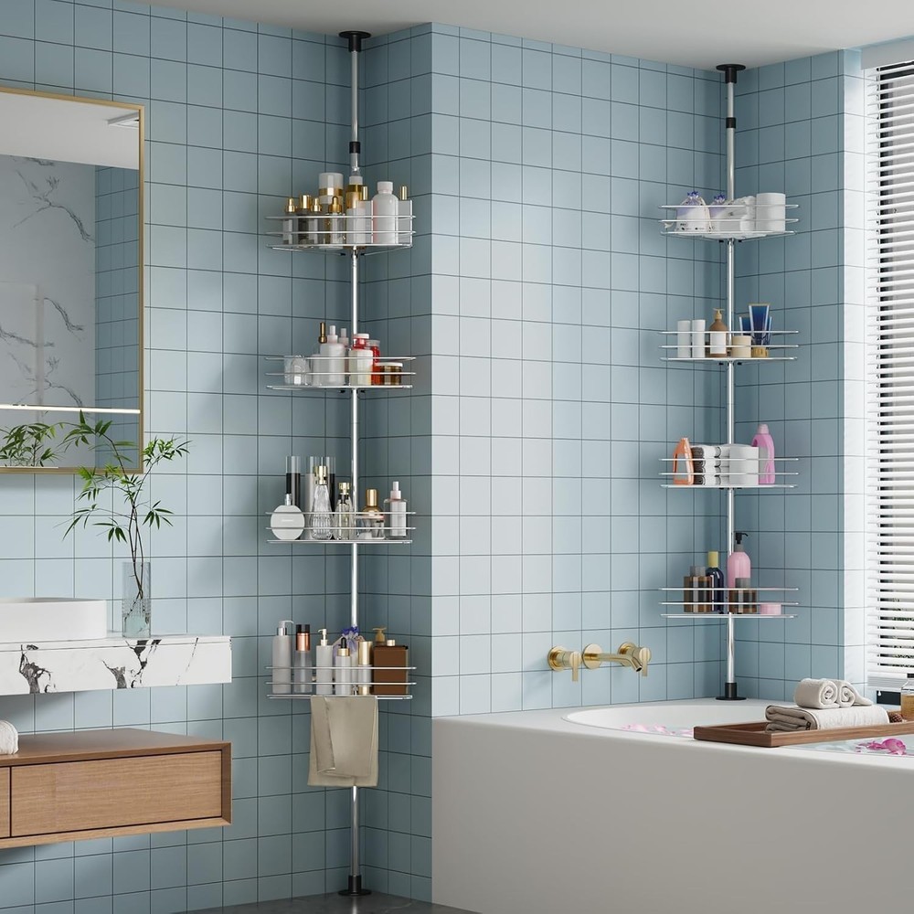 4-Tier Shower Caddy Organizer Tension Pole, Rustproof Corner Shelf for Bathroom