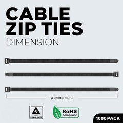 1000 Pcs 4″ inch Black Nylon Cable Zip Ties 18 lb Tensile Strength
