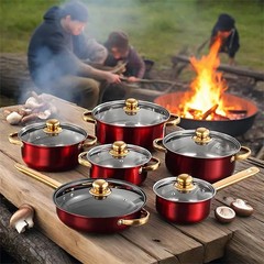 12 Piece Cookware Set Nonstick Pots and Pans Home Kitchen Cooking Non Stick Red