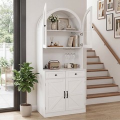 75″ Farmhouse Pantry Cabinet Coffee Bar Storage W/ Charging Station, Drawer,Door