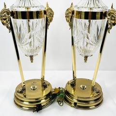 Vintage Regency Rams Head Brass & Crystal Lamps Both Work BEAUTIFUL QUALITY