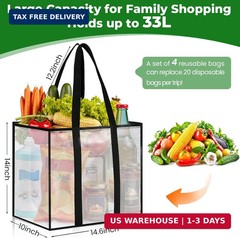 4 Pack Reusable Grocery Bags, Heavy-Duty Shopping Bags with Sturdy Handles, Wate