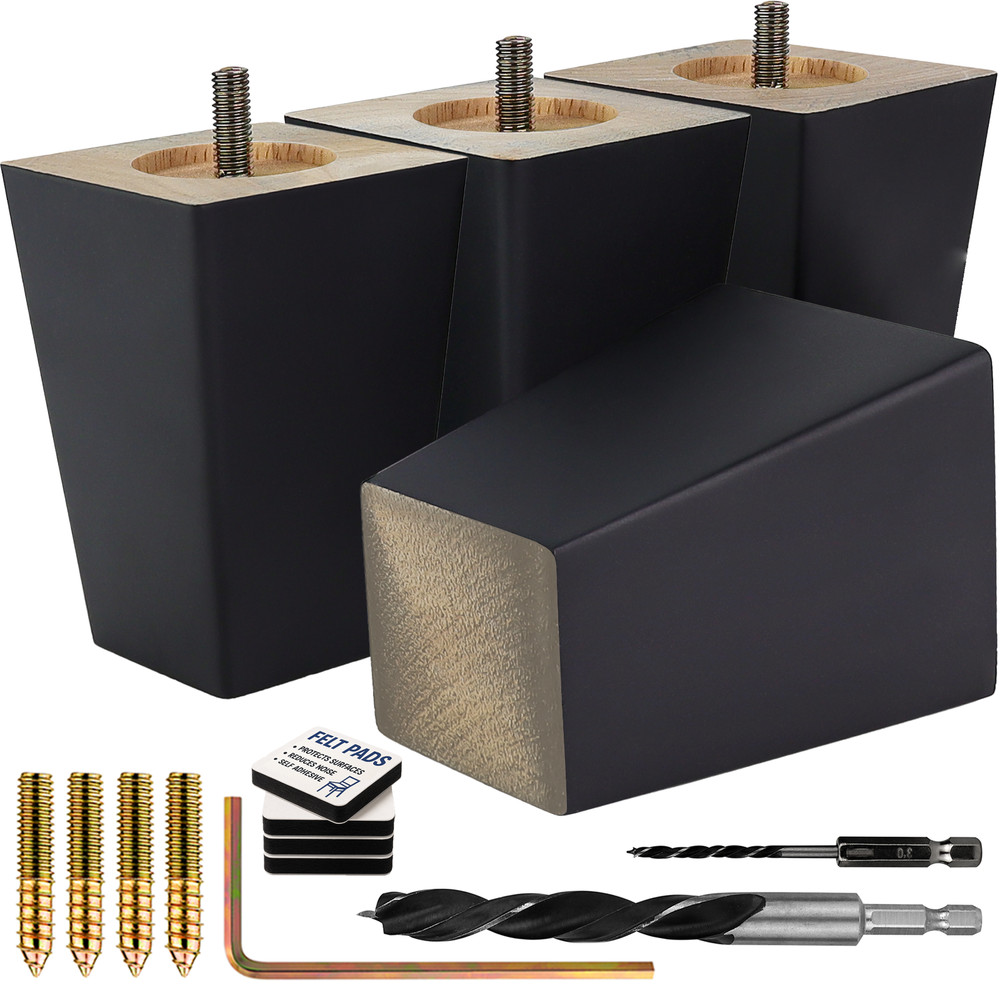 Black Square Furniture Legs Set of 4, 3 4 5 6 8 10 12 in Wood Feet Replacement