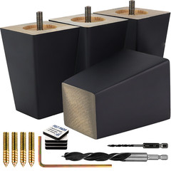Black Square Furniture Legs Set of 4, 3 4 5 6 8 10 12 in Wood Feet Replacement