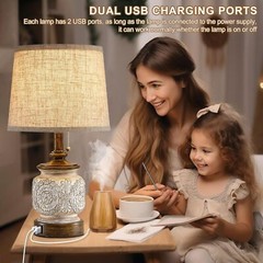 19.5″ Farmhouse Table Lamps Set of 2 w/ USB Ports Rustic Nightstand Bedroom