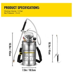 VEVOR Stainless Steel Sprayer 1.5 Gal Steel Hand-Pump Sprayer with 3.3 inch Hose