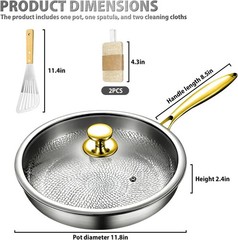 Pure Titanium Hammered Frying Pan with Lid, 12 Inch Skillet, No Coating Cookw…