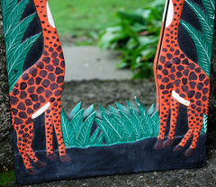 Vtg Hand Carved Painted WOOD MIRROR Jungle Giraffes 18.5″ Orange Green Blk BALI