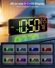 16” Large Digital LED Wall Clock with Remote Control Dual Alarm 8 RGB Bluetooth