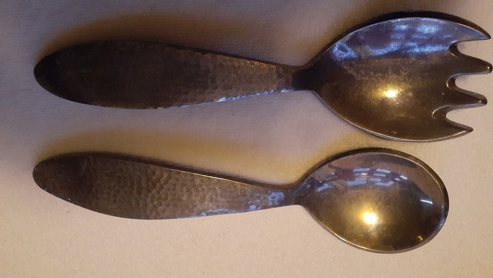 Dansk India Hammered alumiunum salad servers 11″ great patina original paper tag