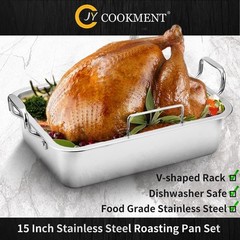 20 lb Capacity 15″ Stainless Steel Roasting Pan with V-Rack – Perfect for Turkey