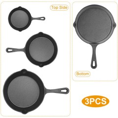 3Pcs Pre-Seasoned Cast Iron Skillet Set 6 8 10in Non-Stick Oven Safe Cookware He