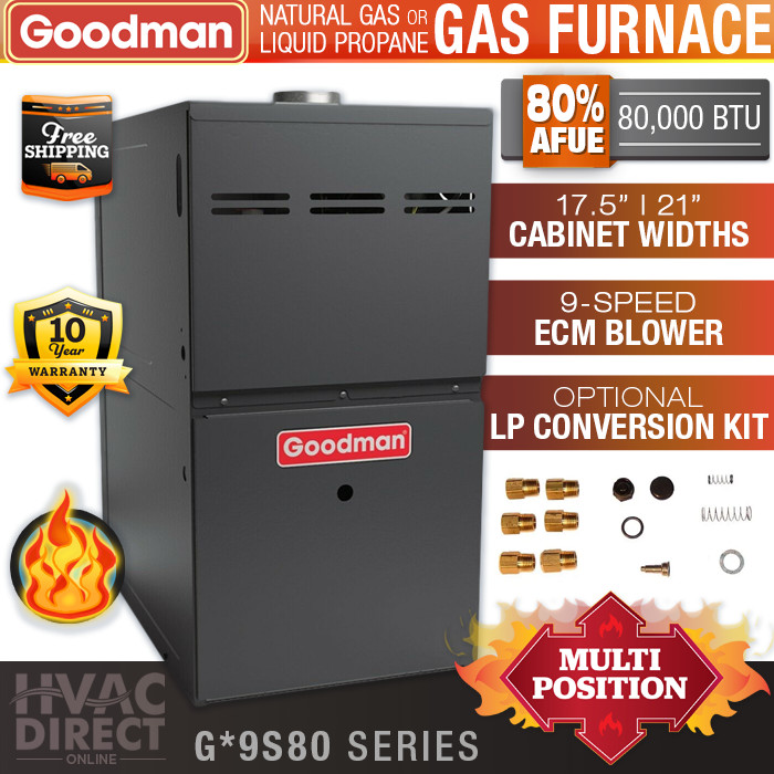 80K BTU 80% Natural NG or Propane LP Goodman Gas Furnace 1 Stage, Multi-Position