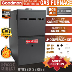 80K BTU 80% Natural NG or Propane LP Goodman Gas Furnace 1 Stage, Multi-Position