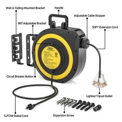 50FT Heavy Duty Retractable Extension Cord Reel, 14AWG/3C 1625W,180° Swivel