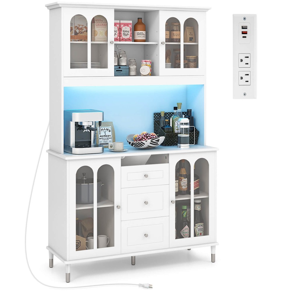 73” Tall Kitchen Pantry Storage Cabinet with LED Lights and Power Outlets
