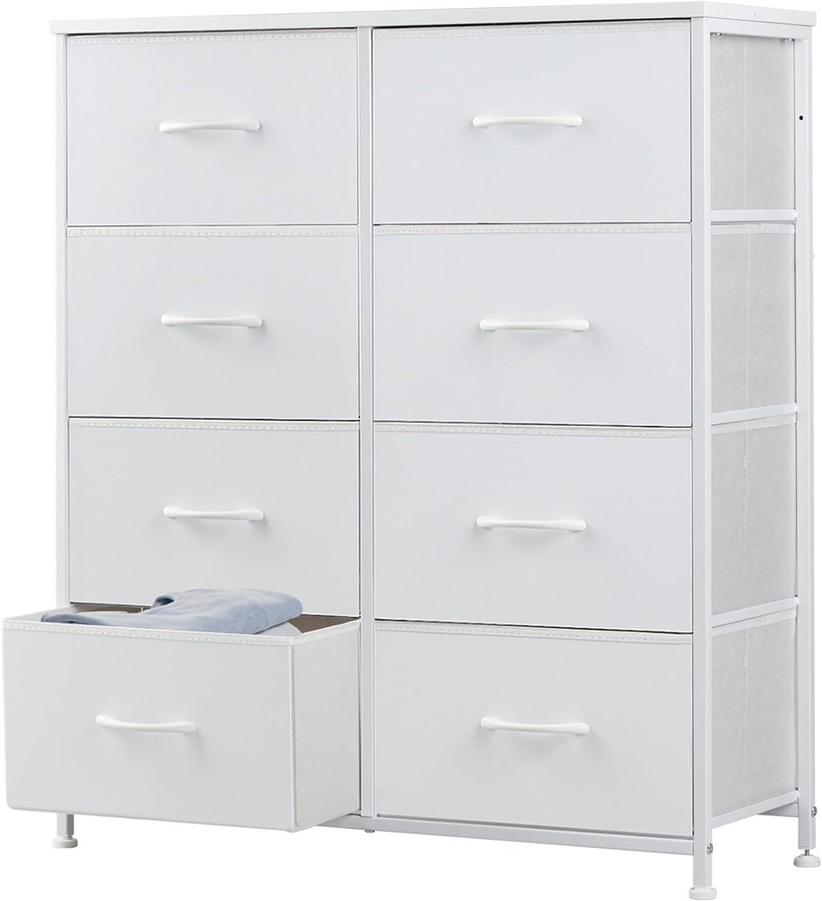 White 8 Drawers Dresser Bedroom Chest Organizer Storage Tower with Fabric Bins