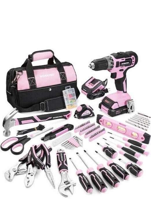Workpro 157pc Tool Set and Bag w/ 20V Cordless Drill Driver PINK