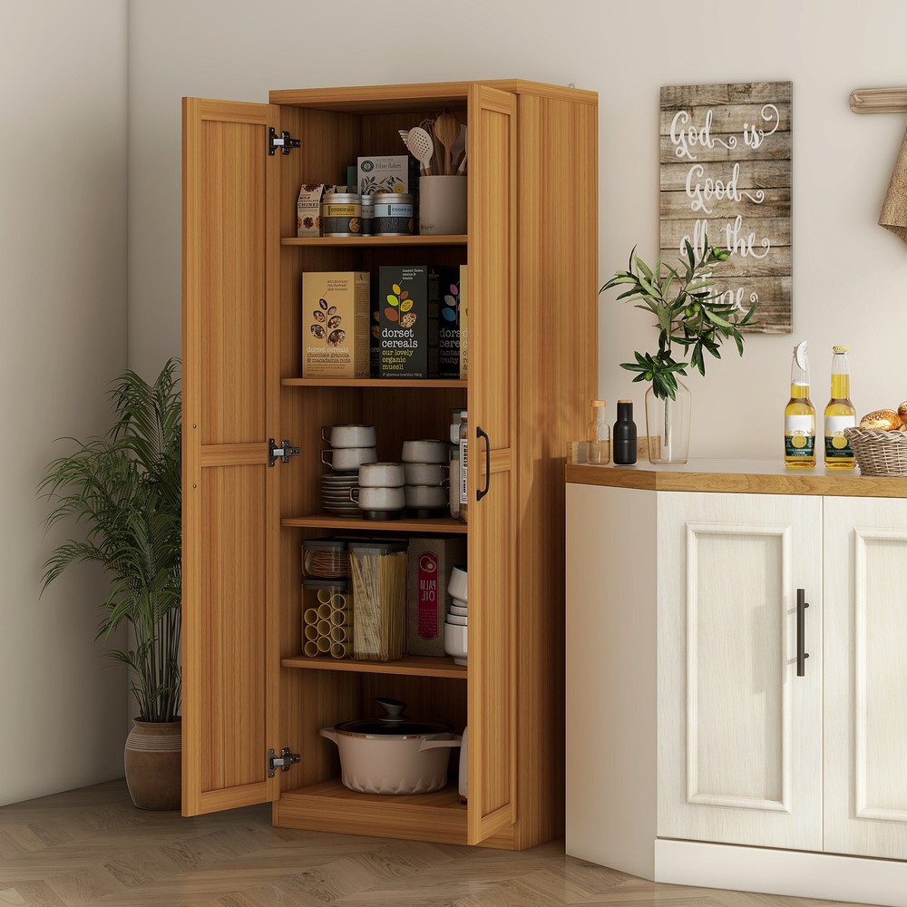 63″ Rustic 2-Door Kitchen Freestanding Storage Cabinet Pantry Shelves, Brown