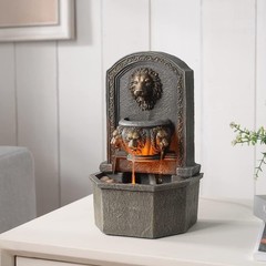 Outdoor Lion Head Stone Waterfall Wall Fountain with Pump Gray 10.3IN