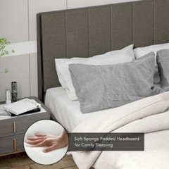 Queen Size Bed Frame Tufted Upholstered Headboard Bedroom W/ Solid Wooden Slat