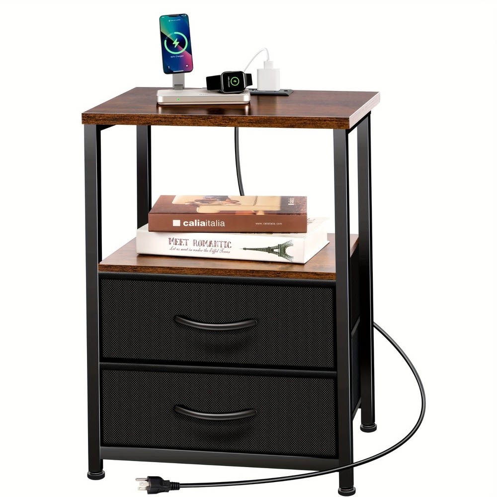 Nightstand Bedside Table W/ 2 Drawers Charging Station Shelf Bedroom Side Table