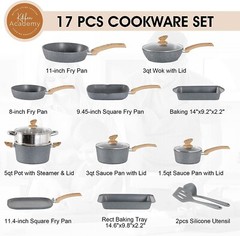17 Pieces Cookware Set Nonstick Granite Coated Pots and Pans Set Bakeware Set