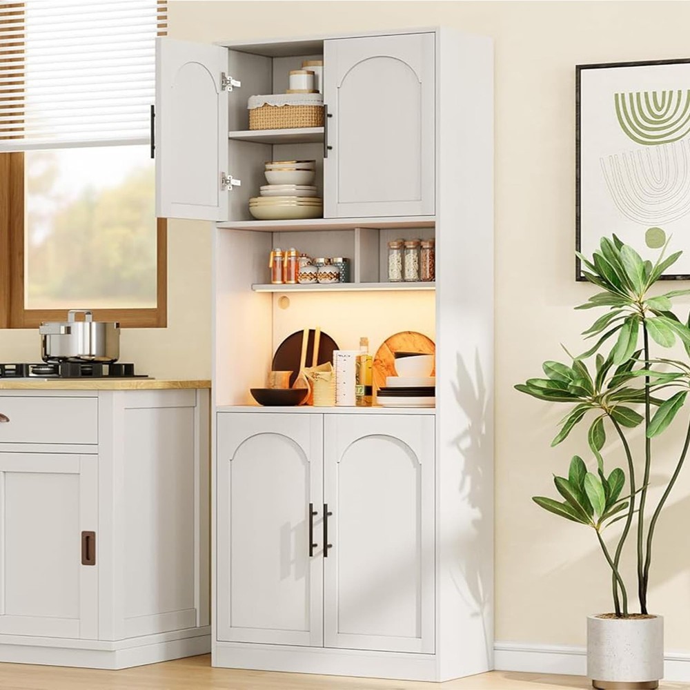 Kitchen Pantry Cabinet ,Hutch Cabinet Cupboard with LED Lights & Microwave Shelf