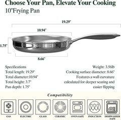 10 Inch Stainless Steel Frying Pan, Non-Toxic 5 Ply Stainless Clad, Professional