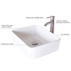 Bathroom Ceramic Vessel Sink White Rectangle Faucet Bowl Pop Up Drain Top Combo