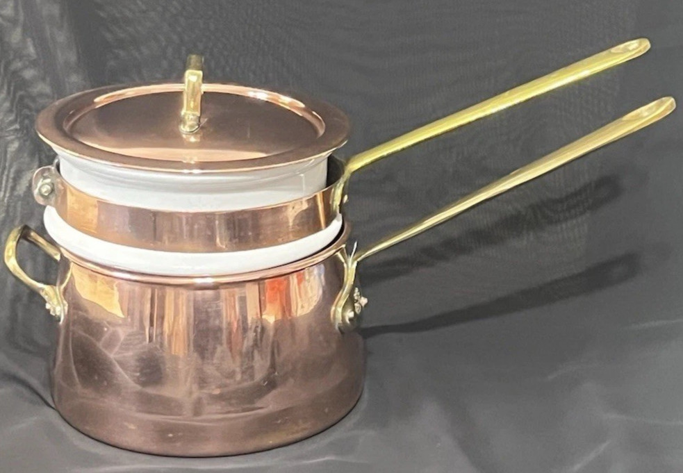 Vintage Copral Portugal Copper Double Boiler Sauce Pan Pot w/Lid Brass & Handles