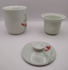 Teavana Porcelain Fine China Floating Lotus Blossom Teacup Infuser Mug 4 Pc. Set