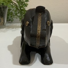 Vtg Wood Brass Hand Carved Elephant Wedge Trunk Up Doorstop Sculpture Statue