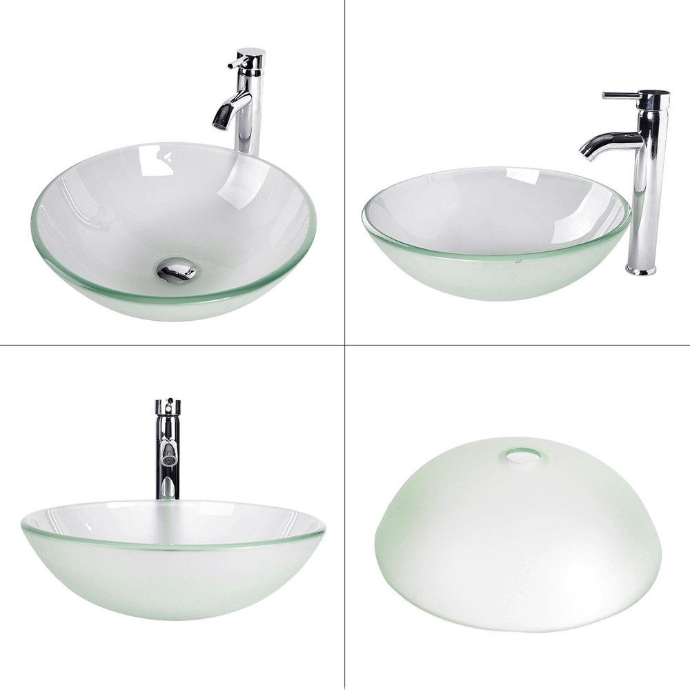 Bathroom Vessel Sink Glass Basin Round Chrome Faucet Pop Up Drain Combo Set