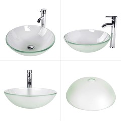 Bathroom Vessel Sink Glass Basin Round Chrome Faucet Pop Up Drain Combo Set
