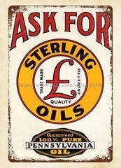 Sterling Oils Guaranteed 100% Pure Pennsylvania Oil metal tin sign color plaque
