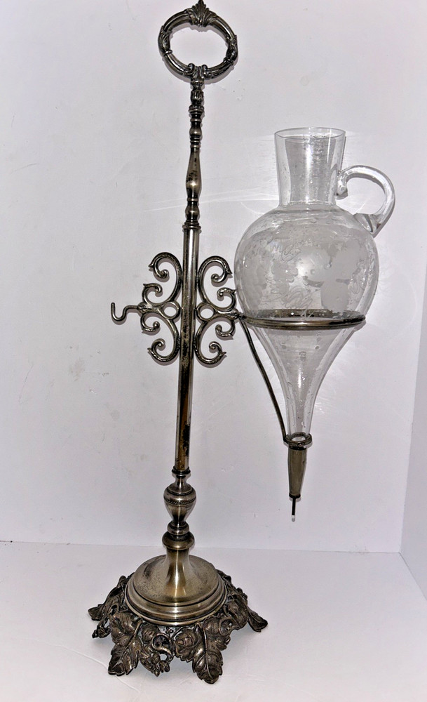 Vintage Wine Dispenser/Aerator – Etched Crystal – Iron & Silver Plate – Nice
